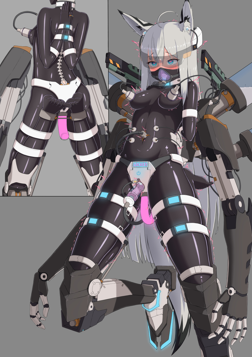 ahoge anal animal_ears arms_behind_back azur_lane blindfold blue_eyes blush bodysuit brain_injection breast_sucking breasts cables clitoris_piercing collar dildo double_penetration face_mask female_only femsub garter gas_mask glowing grey_background grey_hair heart heart_eyes hypnotic_accessory hypnotic_gas kawakaze_(azur_lane) lactation latex milking milking_machine multiple_views navel_penetration open_mouth piercing pussy_juice restrained rubber sex sex_machine sex_toy simple_background solo symbol_in_eyes tail tears tech_control trembling vaginal very_long_hair visor x-ray xia_ye