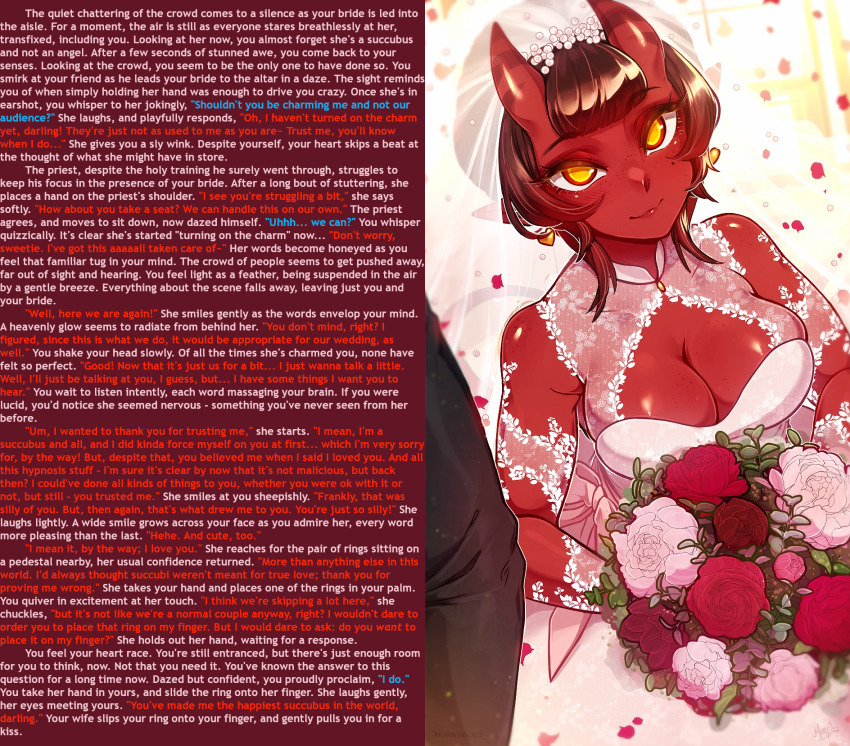 bangs bare_shoulders blush bouquet breasts bridal_veil brown_hair caption caption_only cleavage clothed consensual dazed demon_girl dewar_(manipper) dialogue earrings elf_ears eyebrows_visible_through_hair female_only femdom flower freckles happy_trance heart horns hypnotic_voice kissing lace looking_at_viewer love manip mass_hypnosis meruccubus_(merunyaa) merunyaa mole multicolored_eyes multiple_subs orange_eyes original pov pov_sub red_eyes red_skin roses short_hair smile straight-cut_bangs succubus tail text wedding_dress wholesome