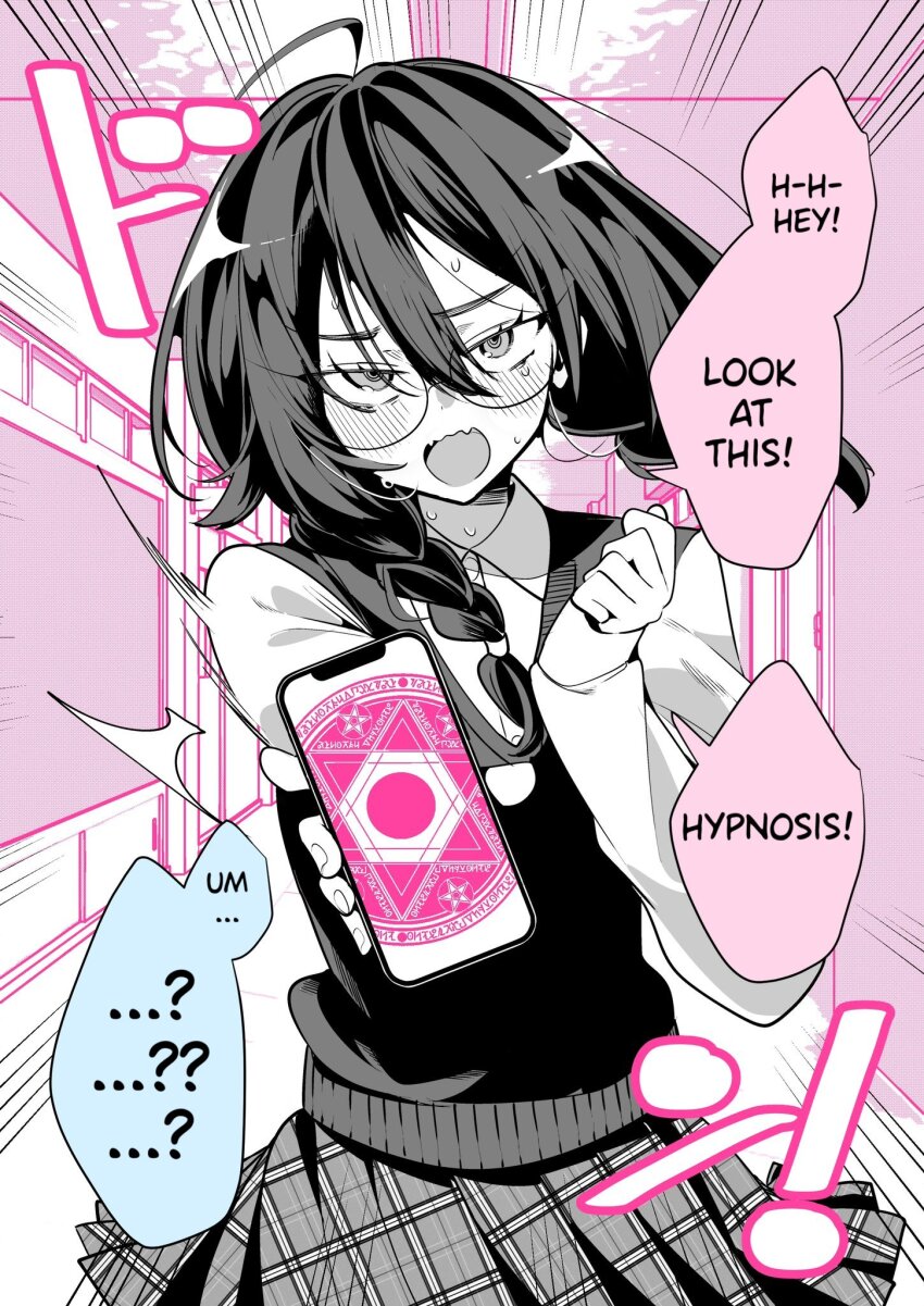 ahoge blush confused dialogue femdom glasses gohome-kun hard_translated long_hair looking_at_viewer magic_circle open_mouth phone pov_sub school_uniform sweat text twin_braids uniform wholesome