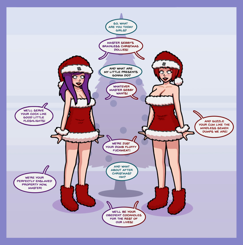 boots brain_drain brain_injection choker christmas_tree clothed dialogue dress femsub fur_coat happy_trance maledom multiple_girls original purple_hair red_hair santa_hat sequence sexism smile standing standing_at_attention text unlikely verbal_abuse