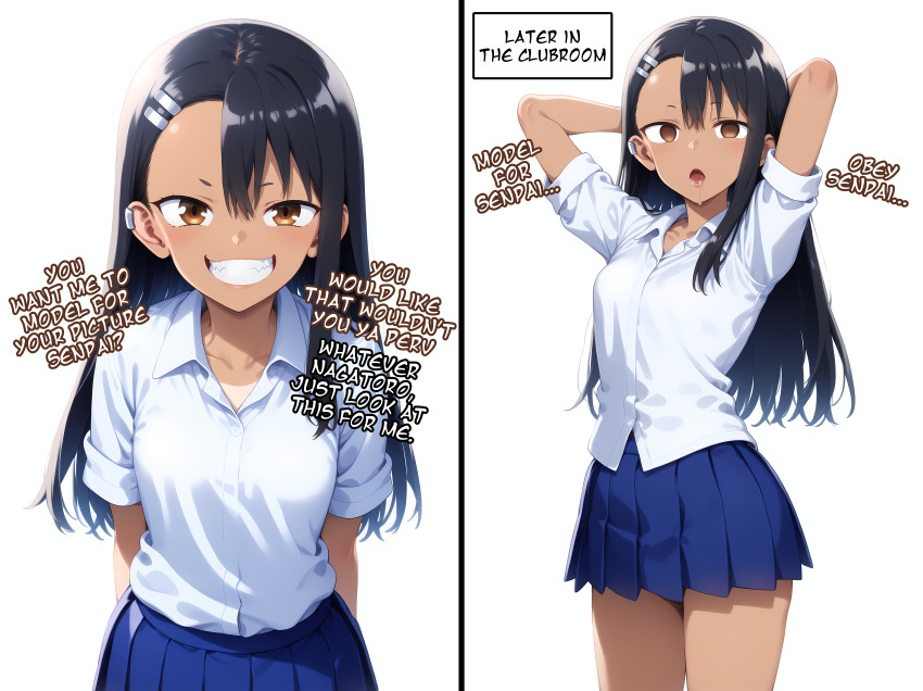 ai_art arms_above_head arms_behind_back before_and_after black_hair brown_eyes collarbone comic drool empty_eyes expressionless female_only femsub hair_clips hayase_nagatoro ijiranaide_nagatoro-san long_hair looking_at_viewer maledom minimimic_(generator) minimimic_(manipper) posing school_uniform simple_background smug tan_skin text white_background