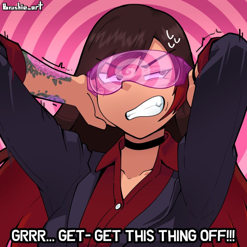angry brown_eyes brown_hair brushie_art character_request choker collarbone eyebrows_visible_through_hair hand_on_head jacket long_hair multicolored_hair pink_background red_eyes red_hair resisting ring_background solo spiral sweat t-shirt tan_skin tattoo text visor