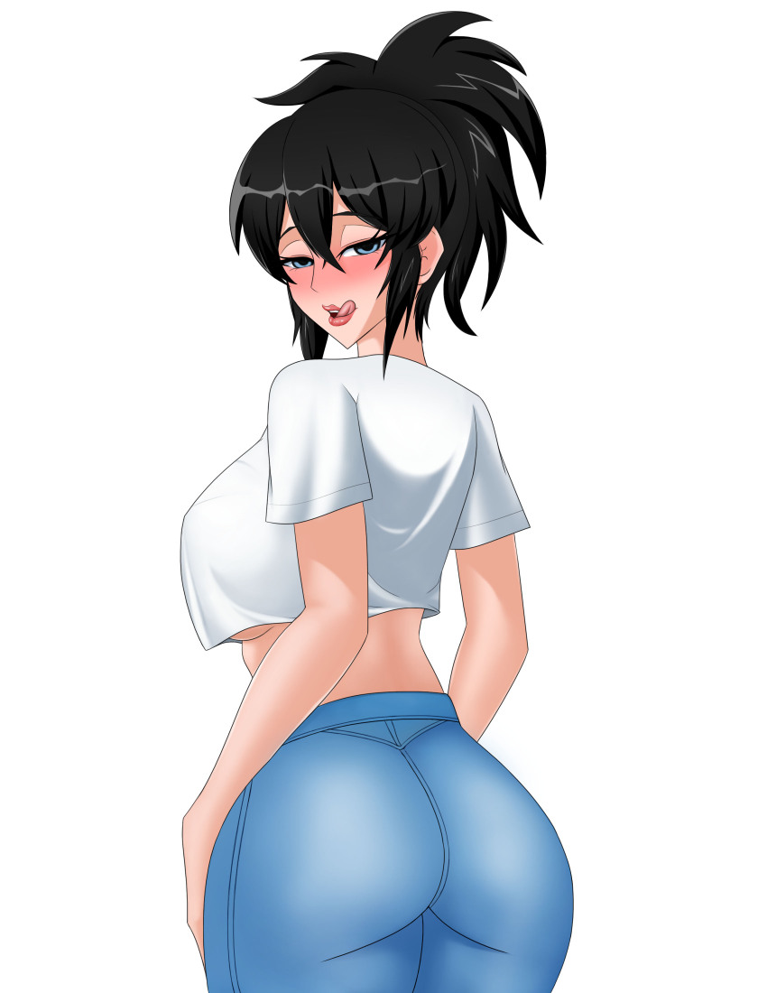 absurdres anna_(neo-izayoi) ass ass_focus black_hair blush breasts female_only femsub happy_trance huge_breasts large_breasts looking_at_viewer looking_back midriff neo-izayoi original short_hair solo tongue tongue_out underboob white_background