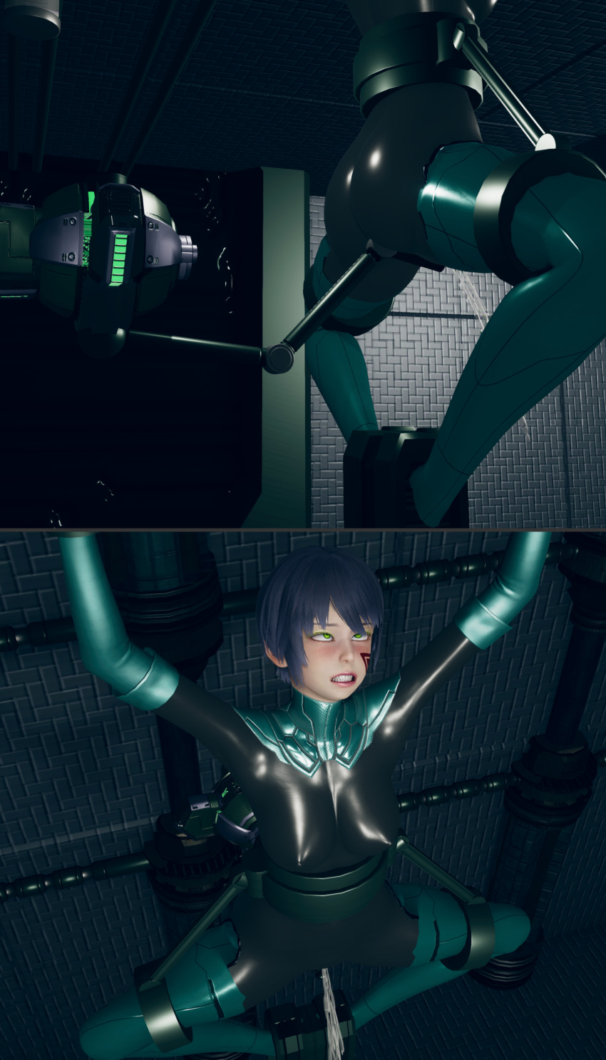 3d arms_above_head ass black_hair blush bodysuit breasts comic crossed_eyes face_paint female_only femsub gloves green_eyes honey_select_2 murochi-san open_mouth opera_gloves original pussy_juice resisting restrained rubber sex_machine short_hair shrunken_irises solo spread_legs squirting thighhighs vaginal