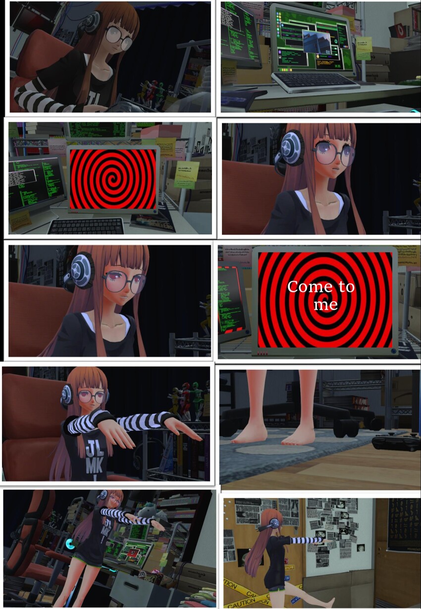 barefoot comic computer feet female_only femsub futaba_sakura glasses hypnotic_accessory hypnotic_screen long_hair open_mouth orange_hair persona_(series) persona_5 source_filmmaker spiral_eyes surprised symbol_in_eyes tech_control text whateverdude19 zombie_walk