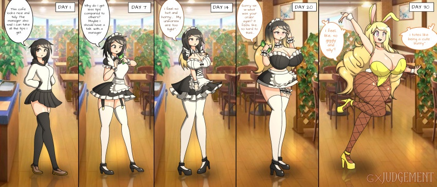 before_and_after bimbofication black_hair blonde_hair brain_drain breast_expansion breasts bunny_ears bunnysuit comic cuffs female_only femsub happy_trance huge_breasts large_breasts maid text thegxjudgement thighhighs transformation