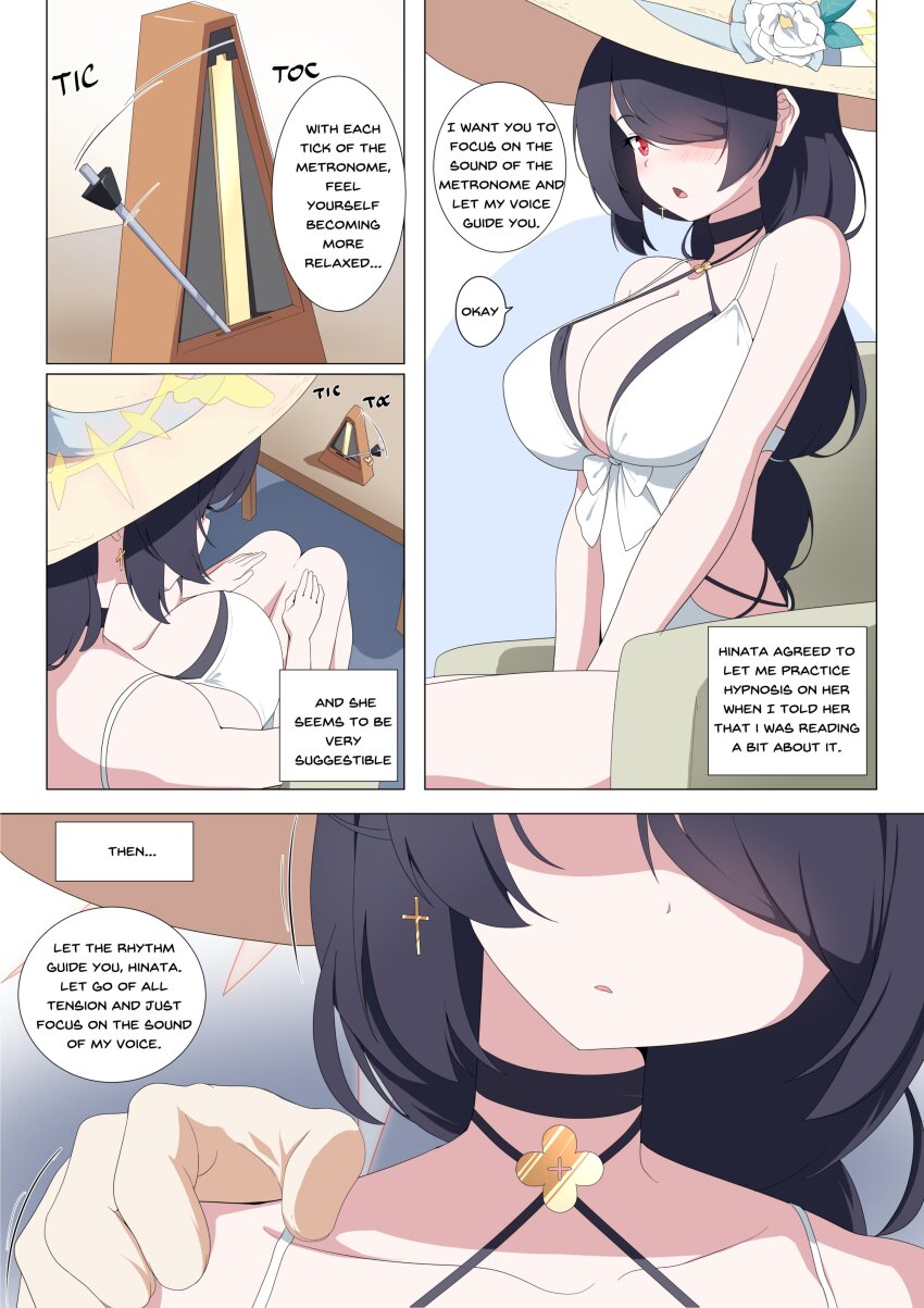 black_hair blue_archive breasts comic consensual etlabsotwe femsub hat hinata_(blue_archive) large_breasts metronome red_eyes swimsuit text