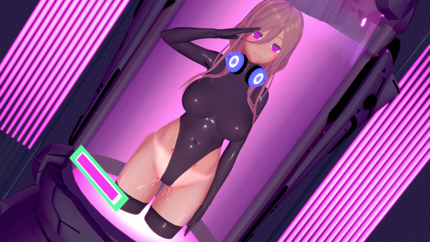 3d arms_above_head breasts brown_hair cables corruption crotch_tattoo empty_eyes enemy_conversion female_only femsub glowing headphones high_heels koikatsu! large_breasts latex leotard miku_nakano moppukyunu navel pink_eyes pussy_juice restrained rubber saluting solo tan_lines tan_skin tattoo tech_control the_quintessential_quintuplets thigh_boots thighhighs