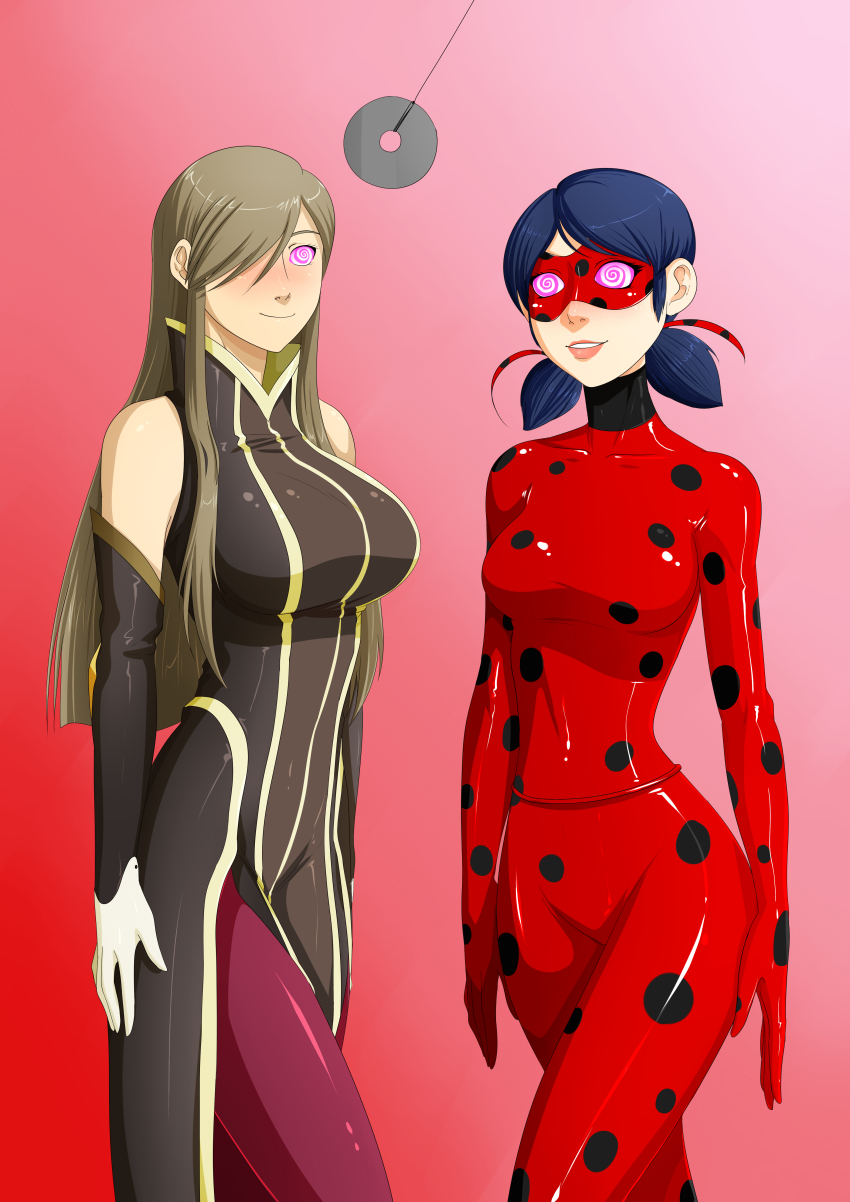 absurdres blue_hair blush bodysuit breasts coin female_only femsub happy_trance large_breasts latex long_hair marinette_dupain-cheng miraculous_ladybug oo_sebastian_oo pendulum spiral_eyes symbol_in_eyes tales_of_(series) tales_of_the_abyss tear_grants