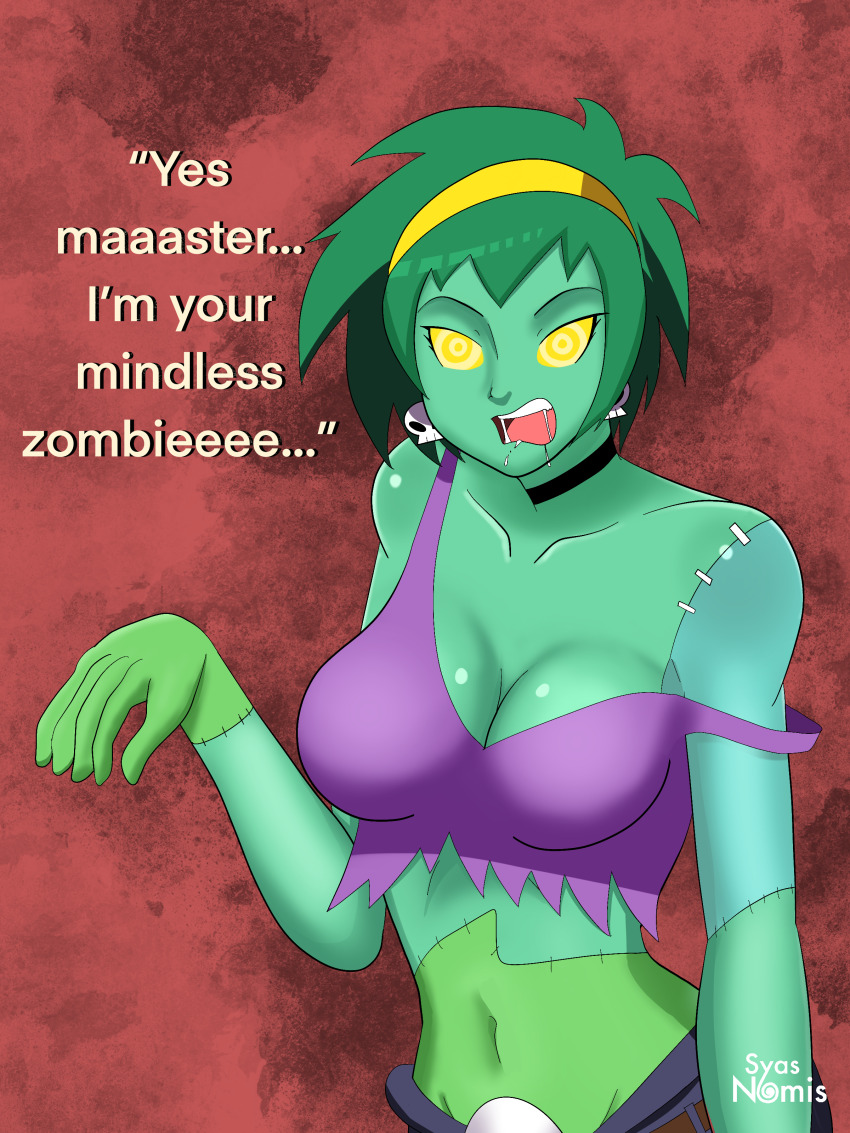 absurdres brain_drain breasts femsub large_breasts open_mouth rottytops shantae_(series) syas-nomis symbol_in_eyes text zombie