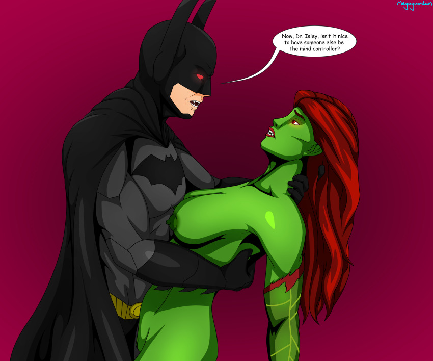 batman batman_(series) breasts cape corruption dc_comics discolored_nipples fangs femsub glowing glowing_eyes green_skin maledom mask megaguardain nipples nude open_mouth poison_ivy pussy red_eyes red_hair simple_background super_hero text turning_the_tables vampire