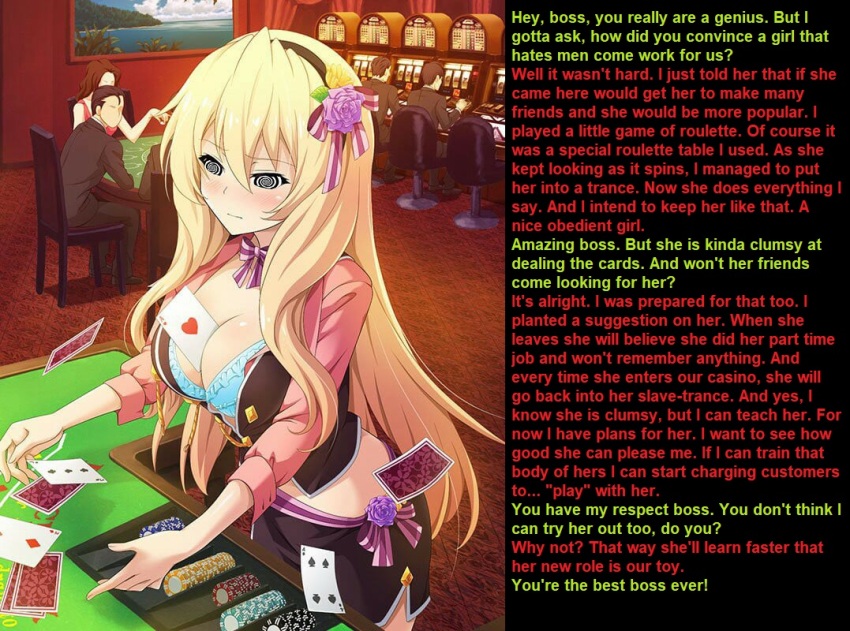 blonde_hair blush breasts celestia_ralgris cleavage expressionless femsub large_breasts long_hair manip misterman4_(manipper) saijaku_muhai_no_bahamut spiral_eyes symbol_in_eyes text