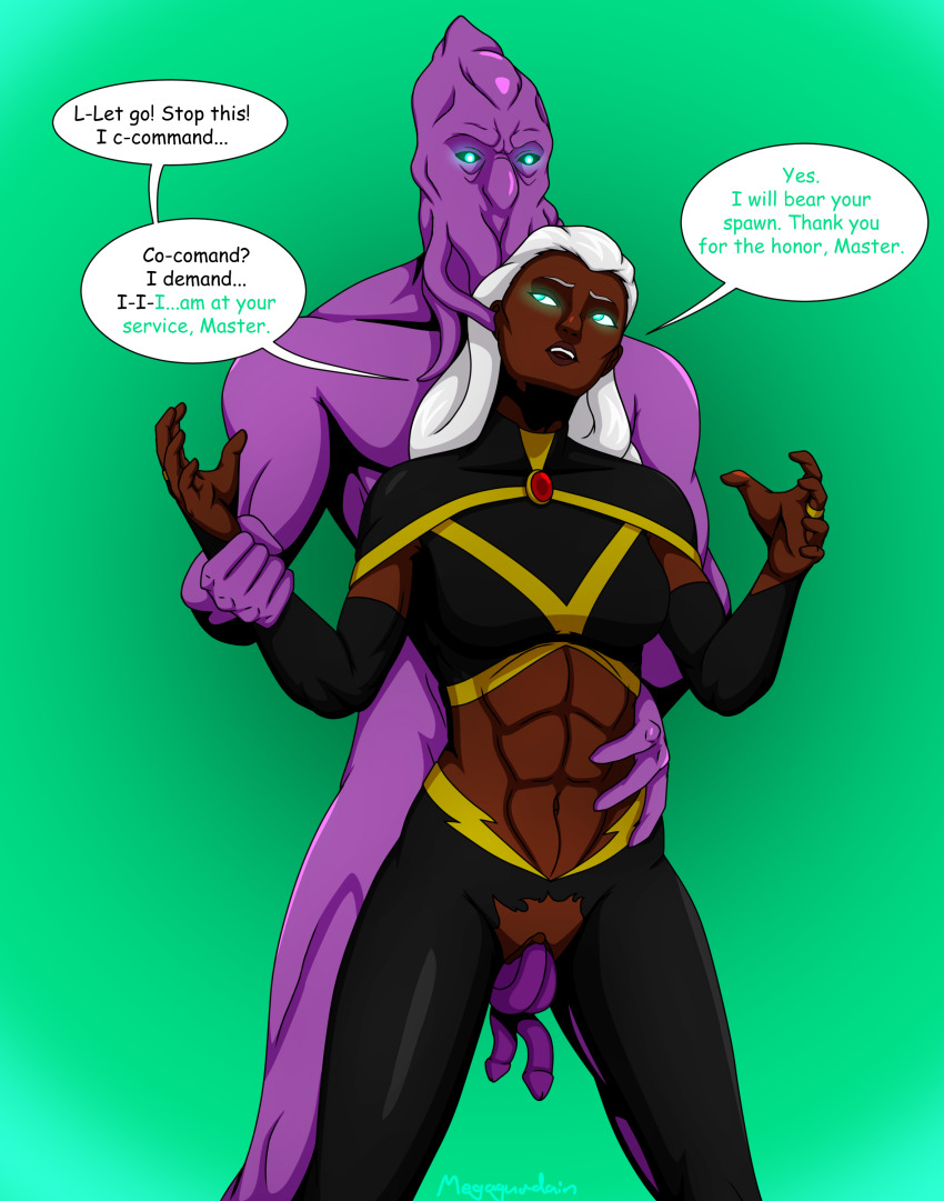 abs absurdres black_sclera blue_eyes brain_injection clothed clothed_sex corruption crotch_cutout dark_skin dialogue femsub fingerless_gloves glowing_eyes gradient_background maledom marvel_comics megaguardain mind_flayer multiple_penises muscle_girl navel open_mouth opera_gloves penis purple_skin pussy resisting sex simple_background speech_bubble standing storm tagme text torn_clothes white_hair