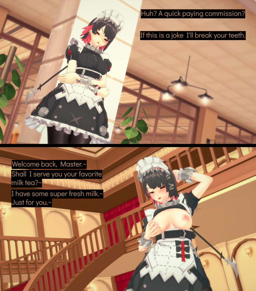 3d before_and_after black_hair blush breasts brown_eyes crossed_arms cyanstargazer dialogue ellen_joe empty_eyes exposed_chest female_only femsub hair_ornament hand_on_head happy_trance holding_breasts koikatsu! large_breasts leggings maid maid_headdress maledom nipples posing seductive_smile shark_girl short_hair smile spear standing text weapon zenless_zone_zero