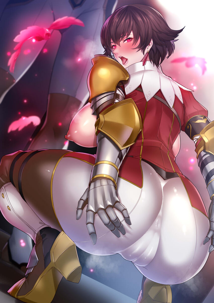 armor ass ass_focus blush bracers breasts capcom earrings exposed_chest fiorayne glowing_eyes gradient_background high_heels large_ass large_nipples looking_at_viewer looking_back miga monster_hunter monster_hunter_rise open_mouth red_eyes short_hair shoulder_pads simple_background spread_pussy squatting steam tagme tight_clothing tiptoes tongue tongue_out