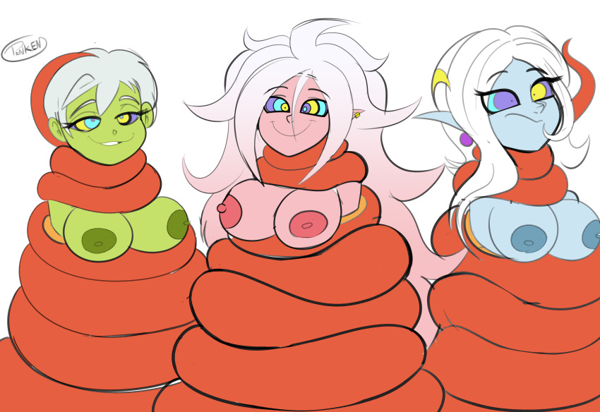 absurdres alternate_form android_21 bondage bottomless breasts cheelai coils disney dragon_ball dragon_ball_fighterz female_only femsub happy_trance hypnotic_eyes kaa_eyes large_breasts long_hair nipples nude penken short_hair simple_background smile snake topless towa_(dragonball) white_background white_hair