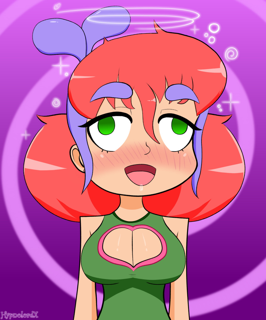 blush breasts cleavage cleavage_cutout clothed dazed drool empty_eyes female_only femsub hair_buns happy_trance hypnolordx large_breasts multicolored_hair naomi_(penken) open_mouth original signature spiral spiral_background wall_eyed