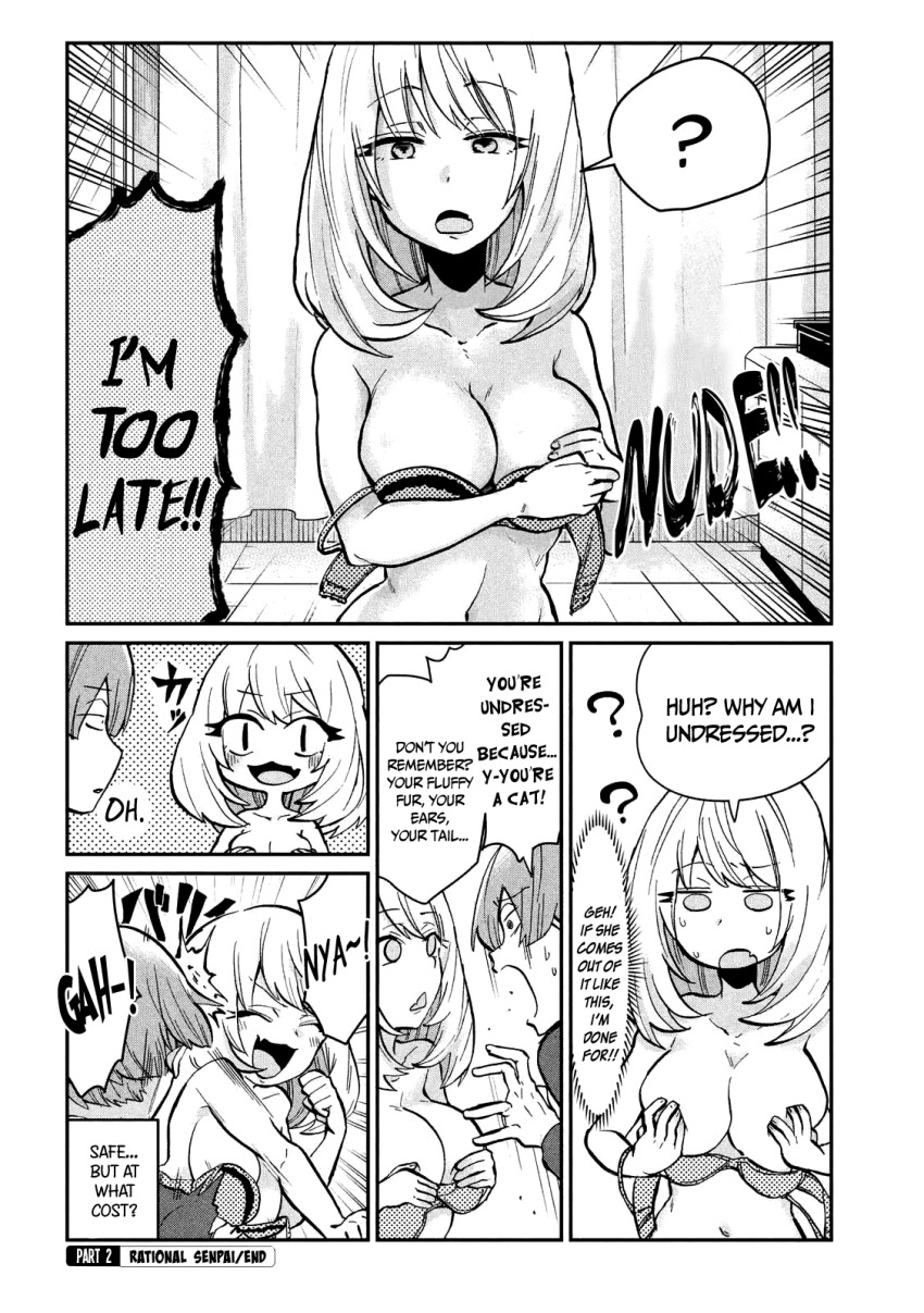 blush bottomless bra breasts cleavage comic confused dialogue empty_eyes femsub humor large_breasts magical_sempai maledom midriff nude open_mouth pet_play right_to_left school_uniform sempai_(magical_sempai) suit sweat text topless underwear undressing