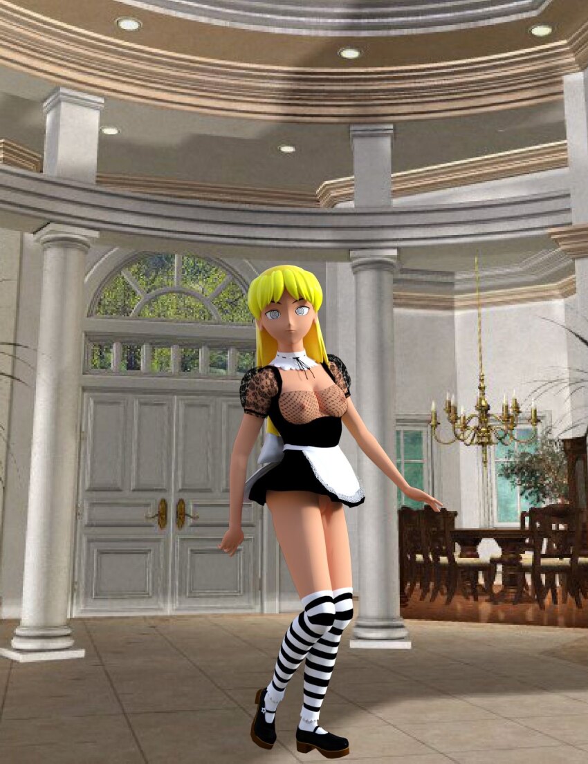 3d ass blonde_hair breasts exposed_chest hypno-tato maid short_skirt skirt socks spiral spiral_eyes standing symbol_in_eyes