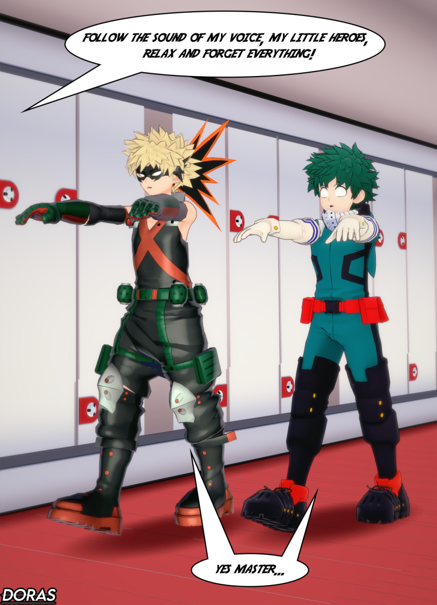 3d blonde_hair bodysuit boots clothed dialogue doras_(artist) expressionless gauntlets gloves green_hair izuku_midoriya katsuki_bakugo koikatsu! male_only malesub mask my_hero_academia open_mouth short_hair signature speech_bubble super_hero text whitewash_eyes zombie_walk