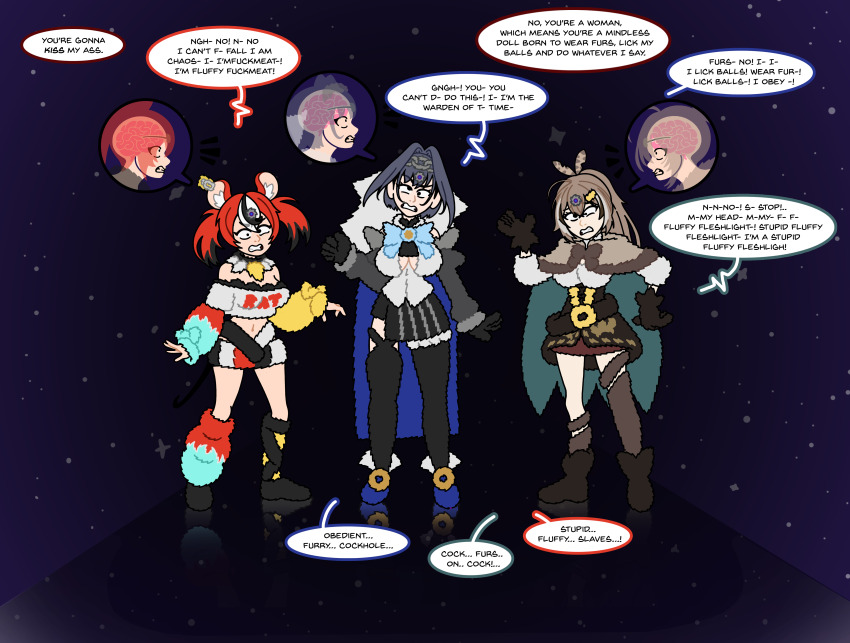 blue_hair brain_drain clothed dialogue femsub fur_coat hakos_baelz hololive hololive_english kronii_ouro maledom microchip multiple_girls mumei_nanashi red_hair sexism unlikely virtual_youtuber