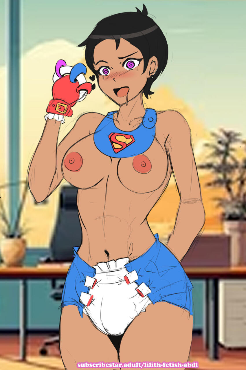 age_regression bib black_hair blush breasts dc_comics diaper drool female_only femsub gloves lilith-fetish lois_lane my_adventures_with_superman nipples nude pink_eyes solo spiral spiral_eyes tears tomboy