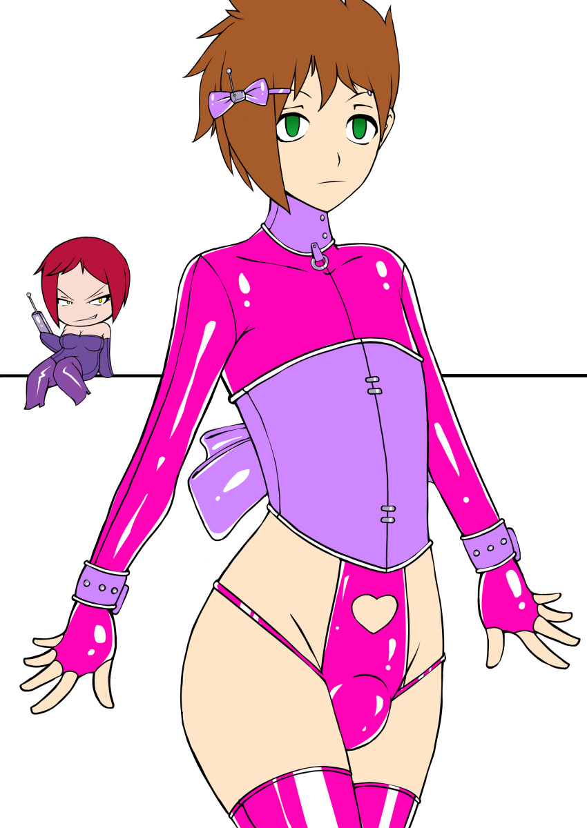 absurdres antenna argrim argrim_(character) bodysuit bow breasts brown_hair bulge collar corset crossdressing empty_eyes expressionless femdom feminization green_eyes heart hypnotic_accessory large_breasts latex malesub original red_hair remote_control scarlet_(argrim) short_hair simple_background tech_control