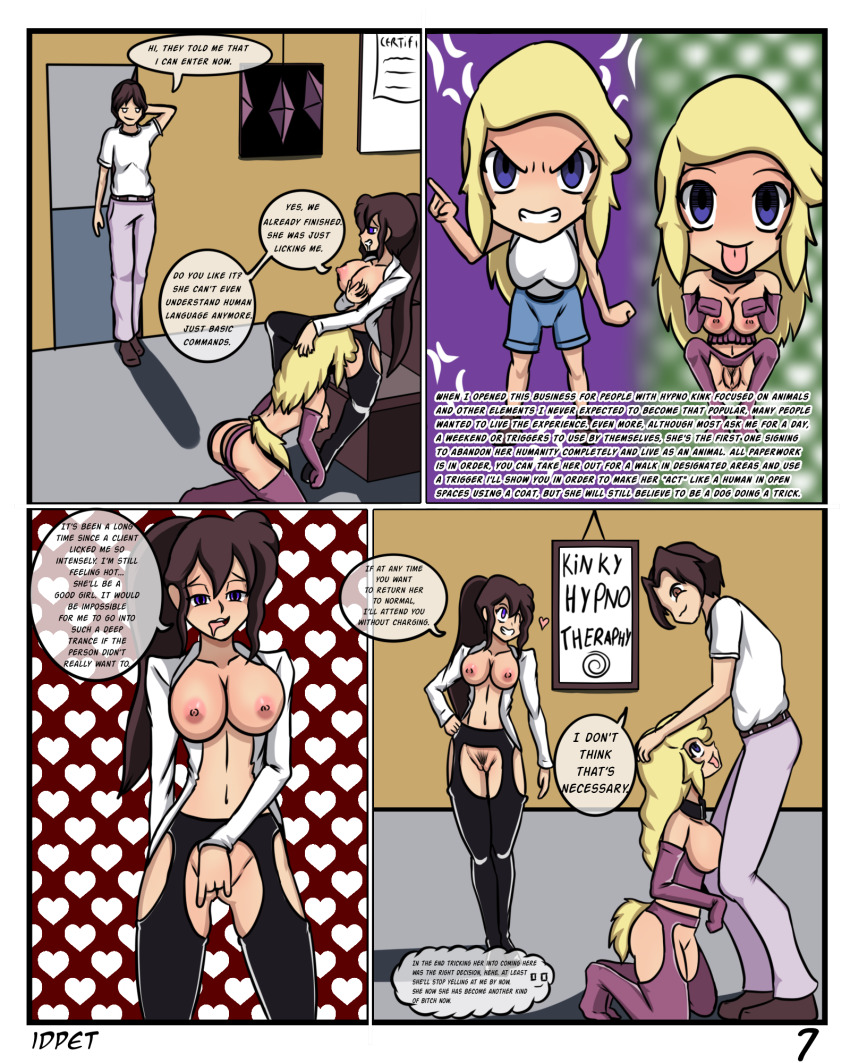 blonde_hair bottomless breasts collar comic empty_eyes fake_animal_ears fake_tail femdom femsub gloves idpet long_hair lucie_(alanwrecked) maledom nude opera_gloves original pet_play ruined_life sleepy text thighhighs topless trigger