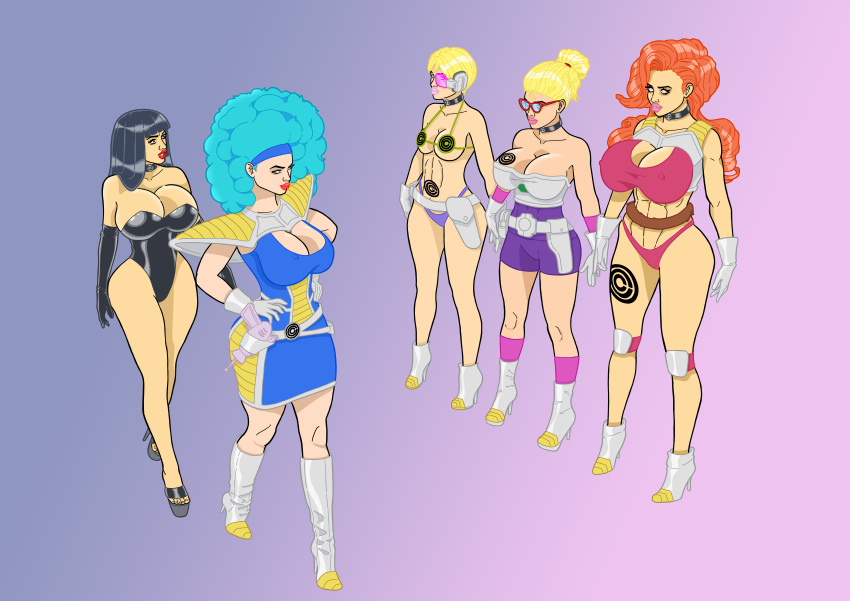 abs afro alternate_costume angela_(dragon_ball_z) banedearg black_hair blonde_hair blue_hair breast_expansion breasts bulma_briefs cleavage collar corruption corset dialogue dragon_ball dragon_ball_z erasa evil_smile expressionless femdom femsub high_heels large_breasts lipstick long_hair mai_(dragon_ball) memetic_control miss_hamilton pink_lipstick red_hair short_hair spiral_eyes standing standing_at_attention story symbol_in_eyes tail tech_control western