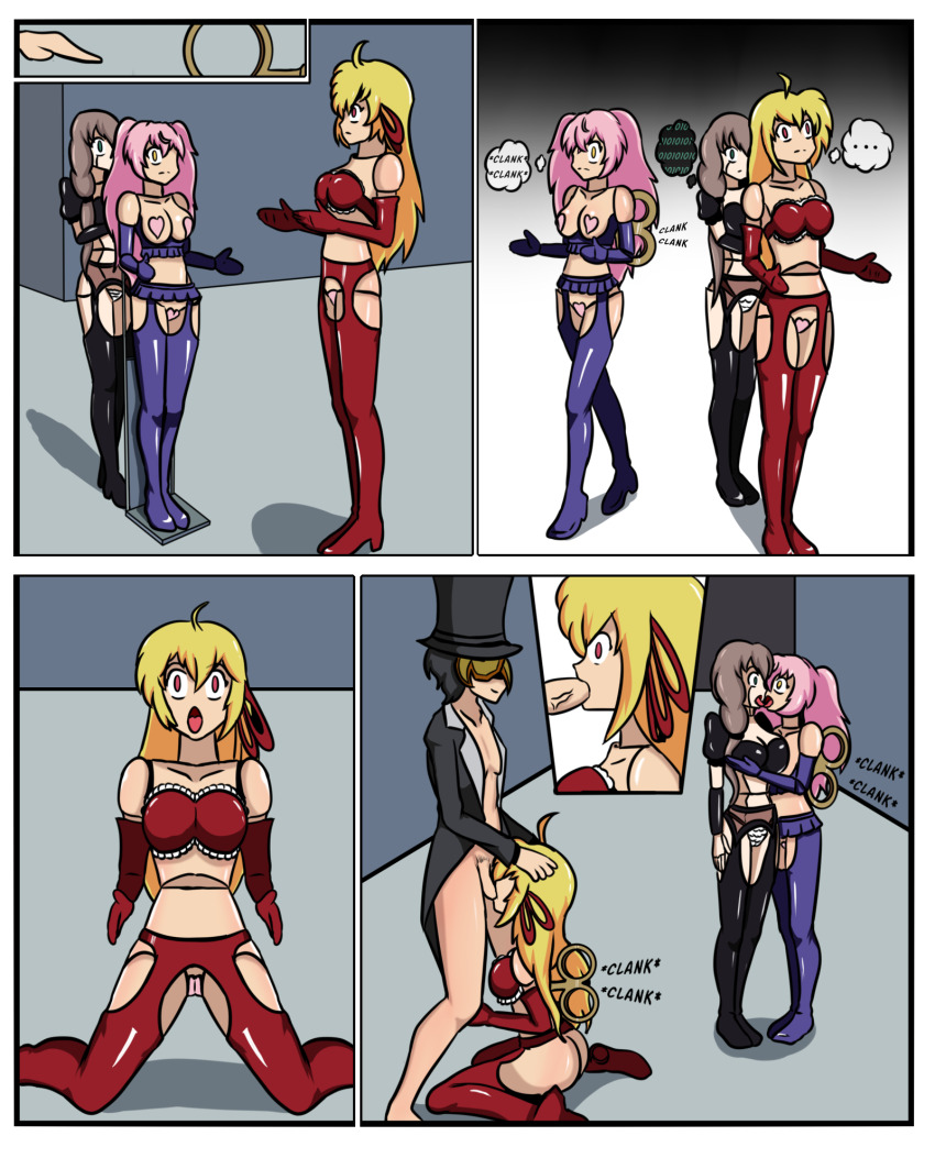 aliceliese_lou_nebulis_ix blonde_hair breast_expansion breasts brown_hair comic dollification expressionless fellatio idpet our_last_crusade_or_the_rise_of_a_new_world penis pink_hair rin_vispose robotization sisbell_lou_nebulis_ix transformation wind-up_key