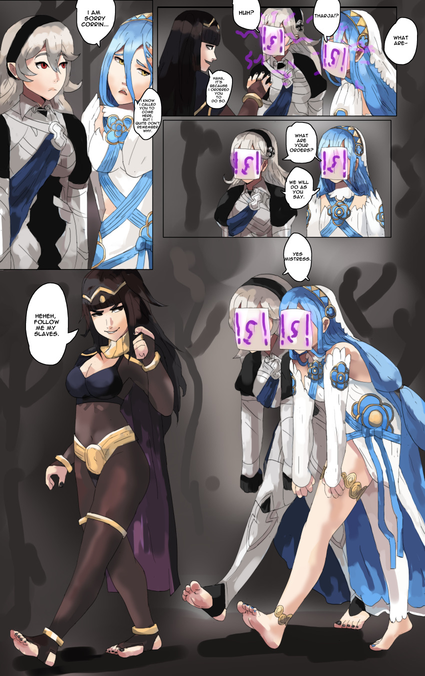 azura barefoot before_and_after black_hair blue_eyes blue_hair comic corrin_(fire_emblem) feet femsub fire_emblem fire_emblem_awakening fire_emblem_fates grey_hair hypnotized_walking leaning_forward nintendo onefeefoor stirrups talisman text tharja