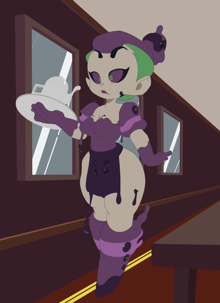 cleavage disney elf_ears expressionless femsub gloves leggings living_costume maid milf odalia_blight purple_sclera slime sourowl the_owl_house tray