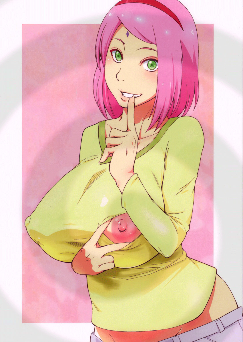 animated animated_gif breasts clothed_exposure erect_nipples female_only femdom finger_to_mouth green_eyes huge_breasts hypnomommy69_(manipper) hypnotic_breasts large_breasts looking_at_viewer manip naruto_(series) nipple_cutout nipples pink_hair pov pov_sub sakura_haruno short_hair smile solo spiral sunahara_wataru tagme