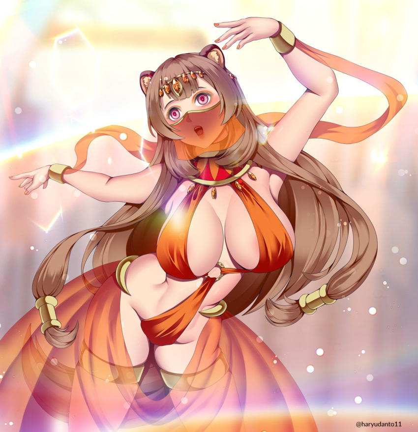 animal_ears bangs blush bracelet breasts brown_hair crown dancing empty_eyes female_only femsub harem_outfit haryudanto huge_breasts jewelry large_breasts leaning_forward nail_polish navel pink_eyes raphtalia ribbon see-through simple_background solo standing straight-cut_bangs the_rising_of_the_shield_hero veil very_long_hair