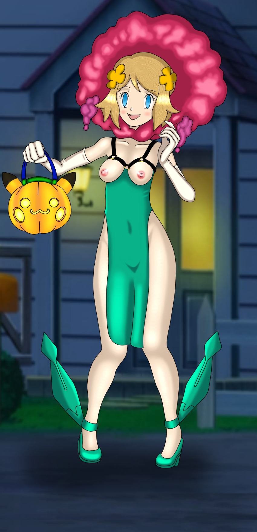 absurdres breasts clothed_exposure cosplay female_only femsub florges halloween jack_o'_lantern lobotomist nintendo pokemon pokemon_x_and_y serena solo topless
