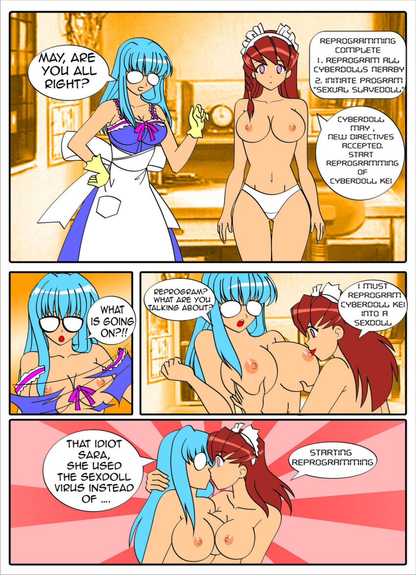 blue_hair breasts comic cyberdoll_kei cyberdoll_may dialogue empty_eyes expressionless femsub hand_maid_may happy_trance hypnotized_hypnotist jimryu large_breasts long_hair maid maid_headdress red_hair short_hair standing standing_at_attention tech_control text thighhighs topless underwear undressing yuri