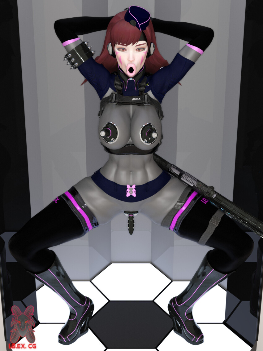 3d abs absurdres ahegao ahoge arms_above_head boots breasts brown_hair cleavage d.va exhibitionism femsub gun huge_breasts ibex-cg long_hair navel overwatch pasties short_skirt spread_legs text thighhighs torn_clothes transformation watermark wide_hips