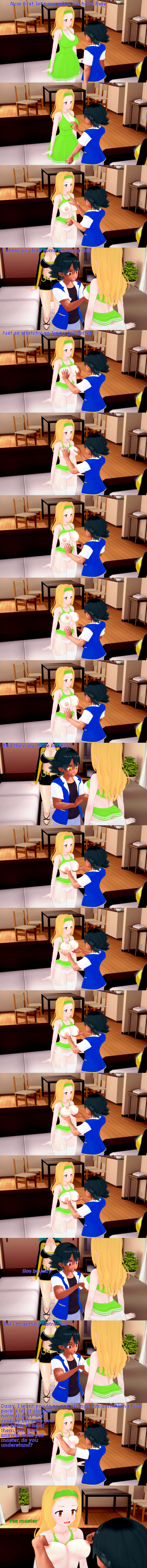 absurdres ash_ketchum black_hair blonde_hair bouncing_breasts breast_grab breasts brown_eyes clothed daisy_(pokemon) dialogue empty_eyes english_text expressionless femsub green_hair groping horokeu long_hair maledom multiple_girls multiple_subs nintendo nipples officer_jenny panties pokemon pokemon_(anime) short_hair symbol_in_eyes text topless underwear undressing