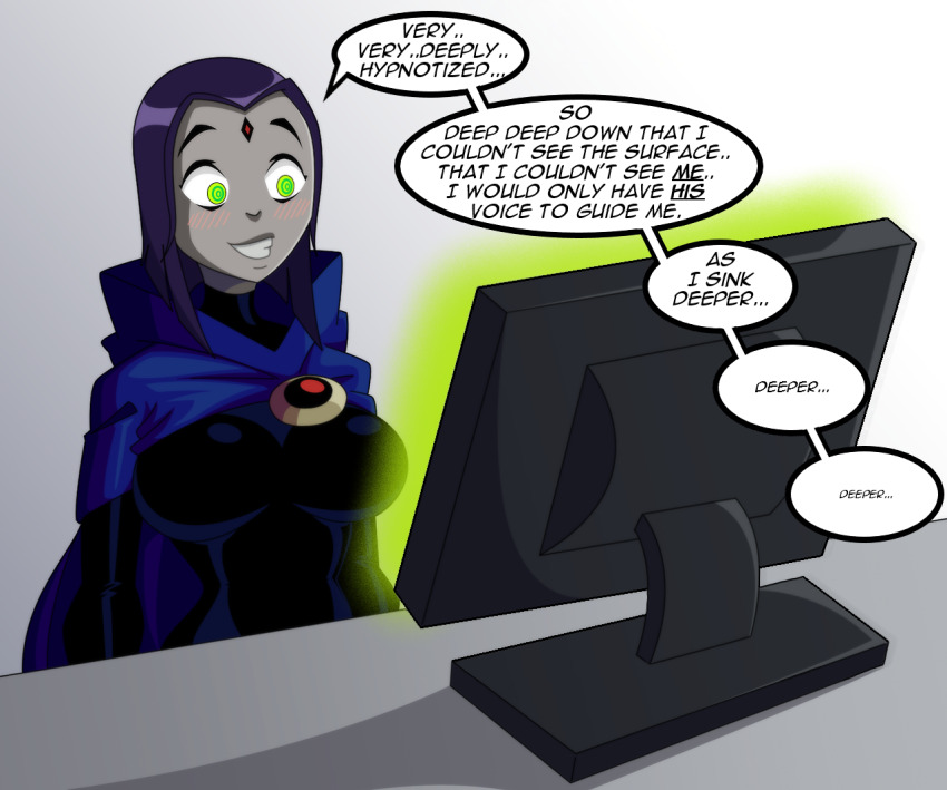 anonymind_(manipper) blush comic dc_comics female_only goth happy_trance hypnotic_screen large_breasts manip purple_hair raven ravenravenraven ring_eyes smile super_hero tagme tech_control teen_titans text western