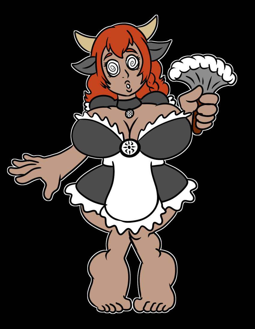 allison_(argonis) barefoot breasts choker cow_girl feather_duster femsub large_breasts long_hair maid original spiral_eyes symbol_in_eyes zombifier