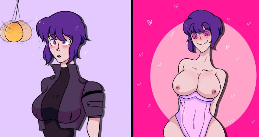 before_and_after breasts dazed femsub ghost_in_the_shell happy_trance large_breasts loskos motoko_kusanagi pendulum purple_hair red_eyes short_hair spiral_eyes surprised symbol_in_eyes topless
