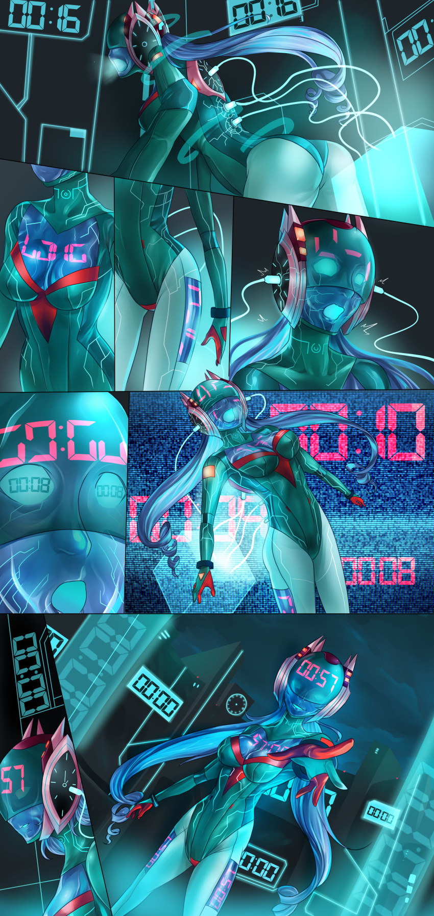 absurdres blue_hair breasts cleavage comic femsub glowing glowing_eyes happy_trance ibenz009 large_breasts long_hair open_mouth original robot robotization tech_control transformation transgender tron twintails