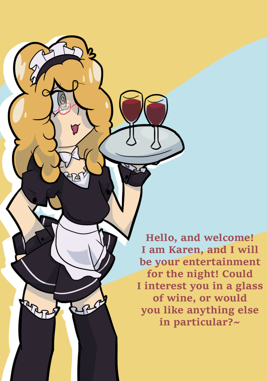 brown_eyes curly_hair drool female_only femsub glasses hair_covering_one_eye ittybit karen_(ittybit) maid maid_headdress open_mouth original spiral_eyes symbol_in_eyes text tray waitress