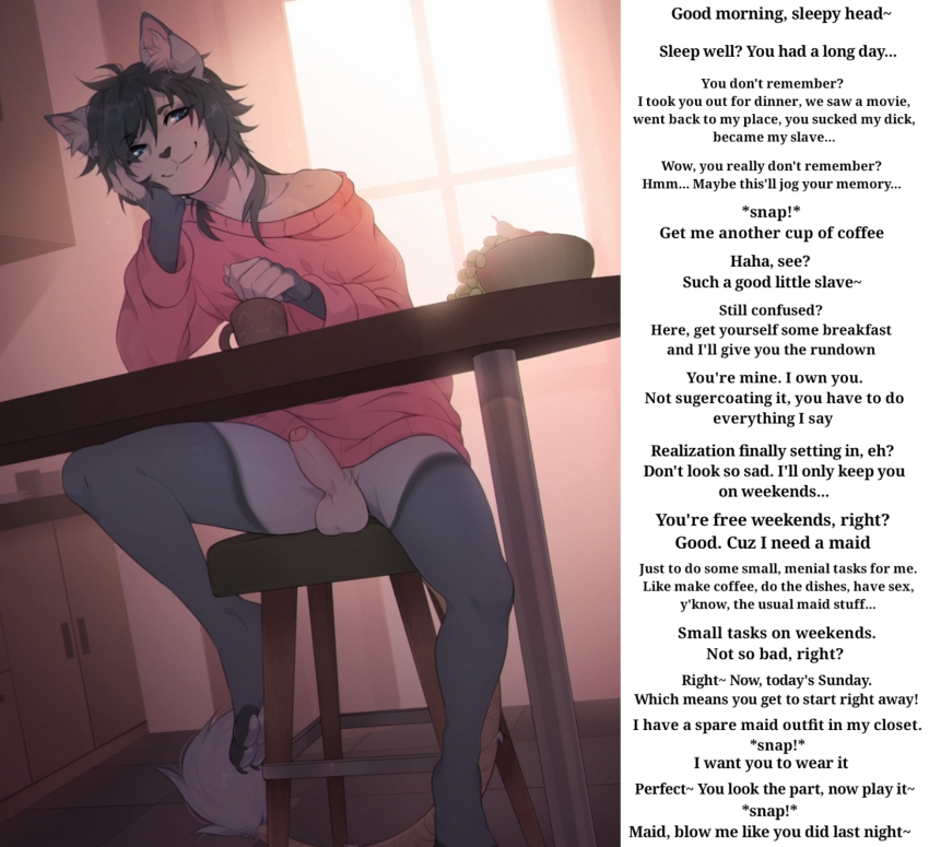 black_hair blue_eyes blush caption caption_only cat_boy cat_ears chair erection fumiko furrwhore_(manipper) furry hand_on_head kitchen male_only maledom malesub manip non-human_feet penis pov pov_sub shirt sitting smile solo table tagme tail text trigger