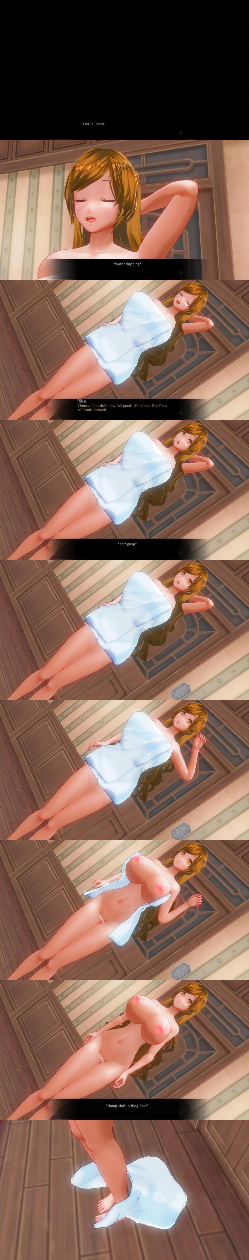 3d absurdres bottomless breasts brown_hair comic custom_maid_3d_2 empty_eyes expressionless female_only femsub hard_translated huge_breasts kamen_writer_mc large_breasts nude rika_(made_to_order) tech_control text topless translated