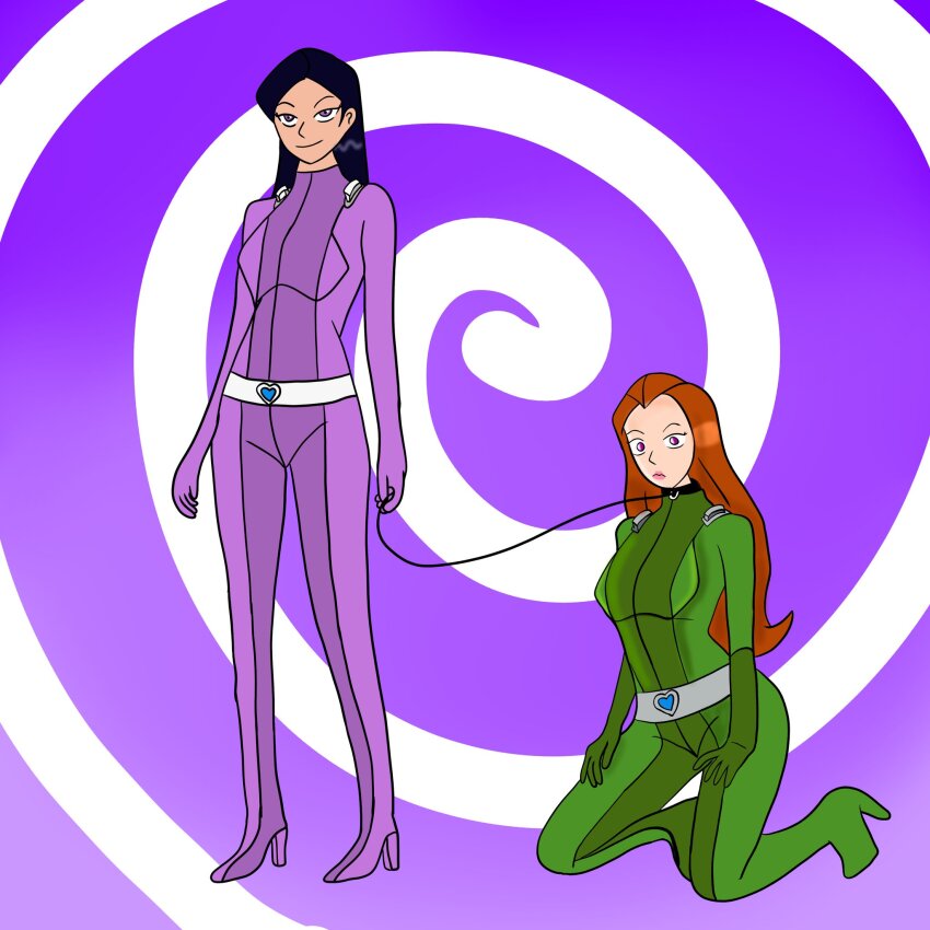 bodysuit catsuit clothed collar empty_eyes evil_smile expressionless femsub high_heels kneeling leash long_hair mandy_(totally_spies) pink_eyes purple_eyes purple_hair red_hair sam simple_background smile spiral_background standing succubae totally_spies