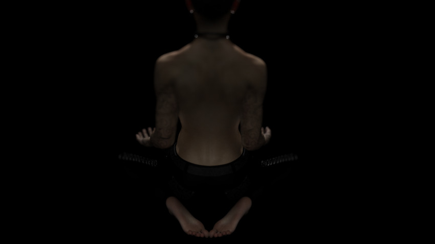 3d absurdres barefoot black_hair female_only femsub goth jingai kneeling original piercing short_hair solo tongue tongue_out topless