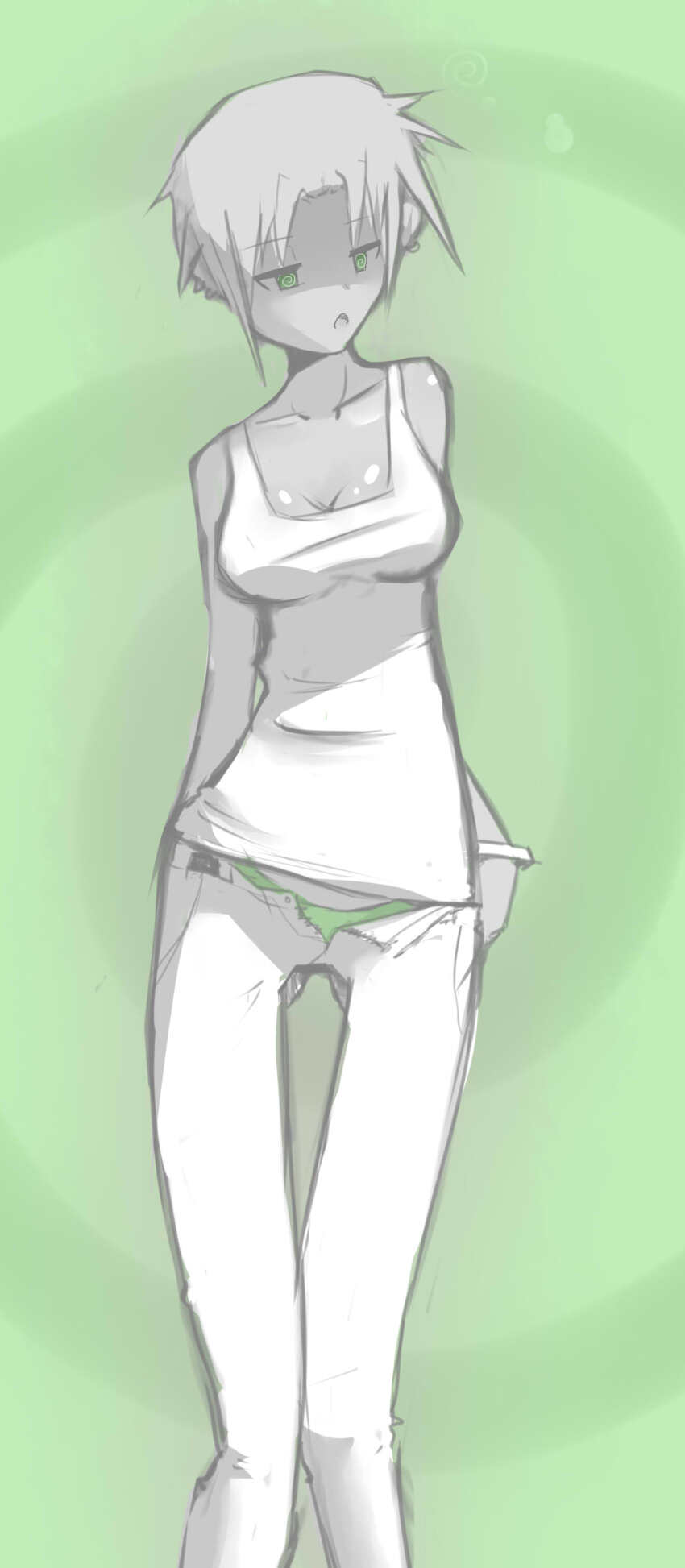 absurdres breasts darkhatboy expressionless female_only femsub green_eyes large_breasts monochrome panties short_hair solo spiral_eyes symbol_in_eyes underwear