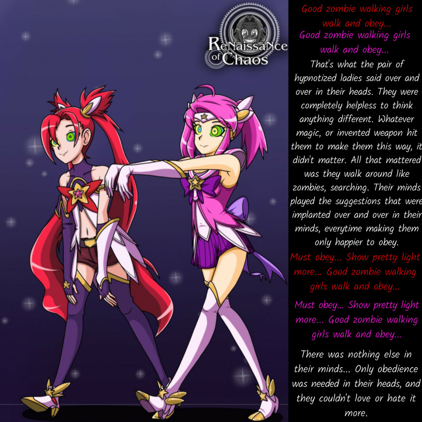 alternate_costume alternate_hair_color alternate_hairstyle breasts female_only femsub fingerless_gloves gloves happy_trance high_heels honest_(manipper) hypnotized_walking jinx_(lol) kaa_eyes league_of_legends long_hair luxanna_crownguard magical_girl manip mantra midriff multiple_girls multiple_subs opera_gloves pink_hair red_hair renaissanceofchaos skirt smile text thighhighs twintails zombie_walk