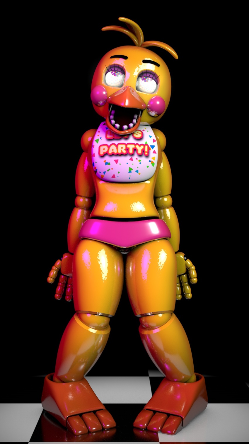 3d ahegao beak bird_girl chicken_girl eye_roll five_nights_at_freddy's furry glowing glowing_eyes open_mouth robot robot_girl shiny_skin simple_background source_request tech_control toy_chica